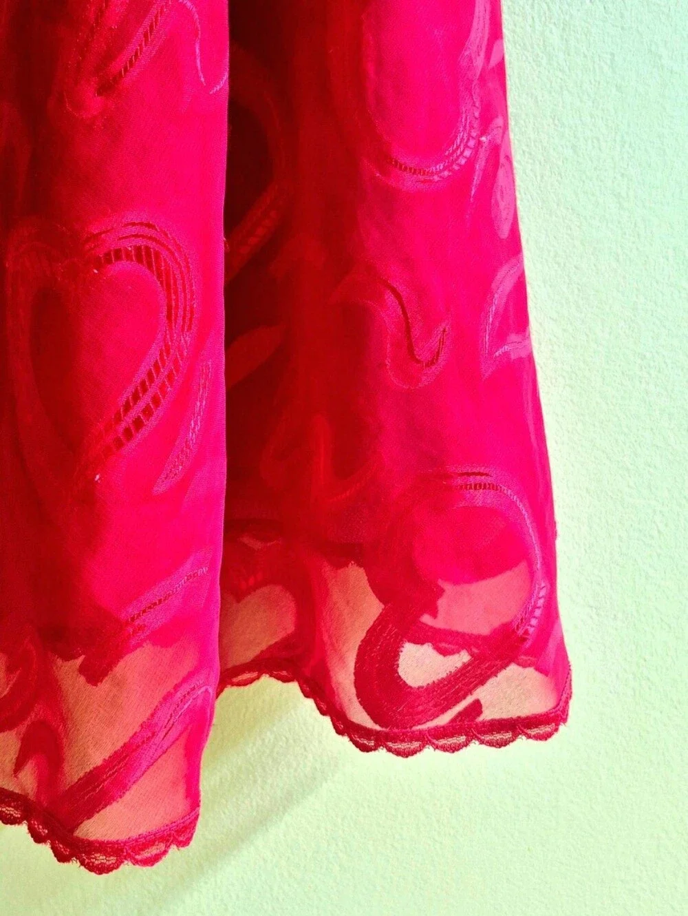 Vintage Red Heart Mesh Chemise – Lace Trim Sheer Night Slip - Picture 5 of 8